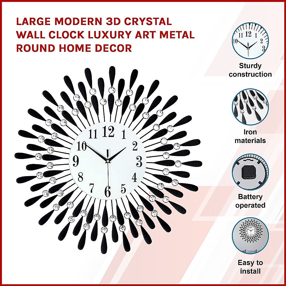 Large Modern 3D Crystal Wall Clock Luxury Art Metal Round Home Decor - Homecoze