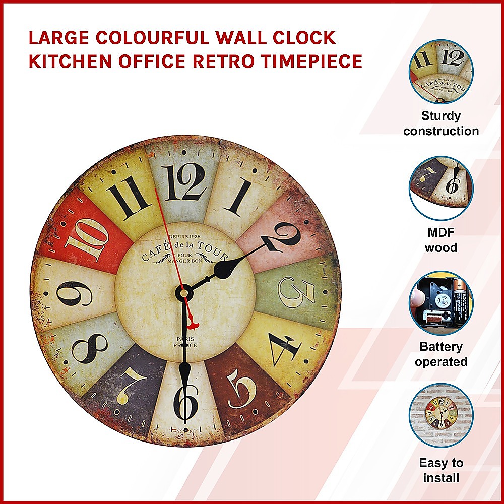 Large Colourful Wall Clock Kitchen  Office Retro Timepiece Homecoze