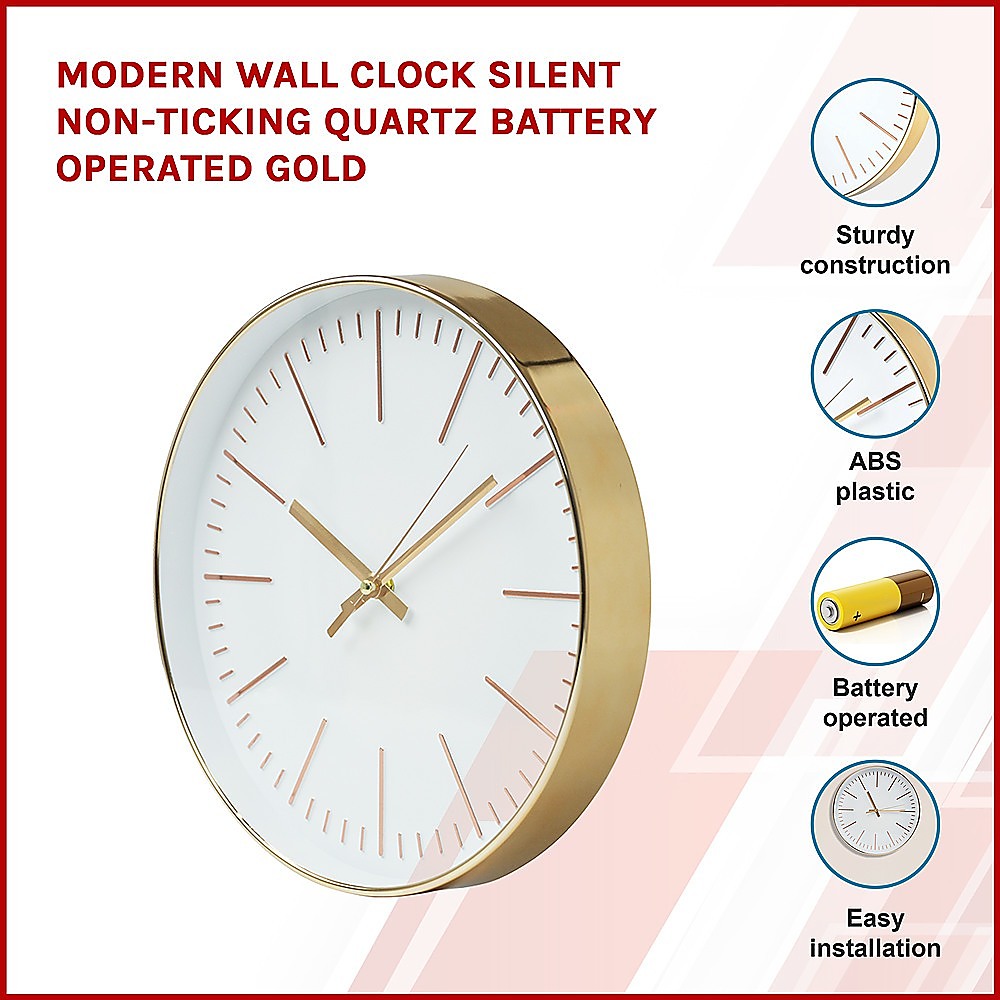 Modern Wall Clock Silent Non-Ticking Quartz Battery Operated Gold Homecoze