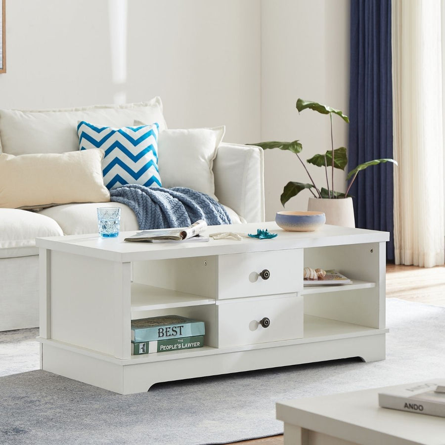 Hamptons Coastal Style Coffee Table with Drawers - White Homecoze