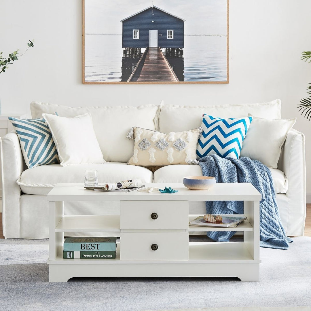 Hamptons Coastal Style Coffee Table with Drawers - White Homecoze