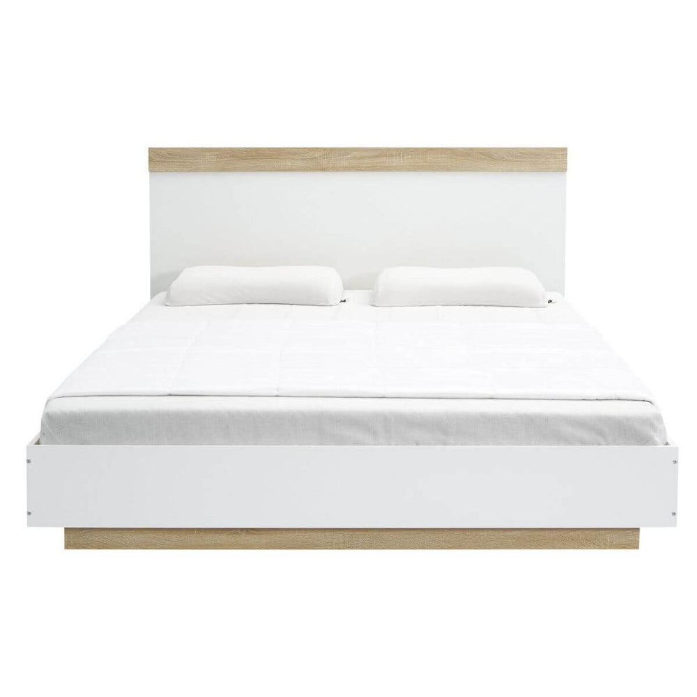 White & Oak Contemporary Wooden Bed Base with Headboard - King Homecoze