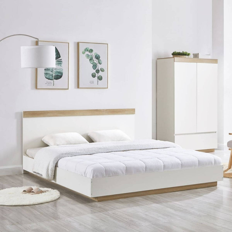 White & Oak Contemporary Wooden Bed Base with Headboard - King Homecoze