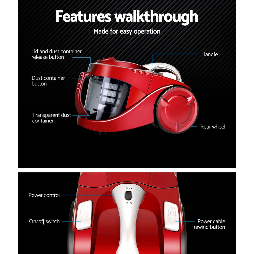 Bagless 2200W Cyclone Vacuum Cleaner with HEPA Filter - Red Homecoze