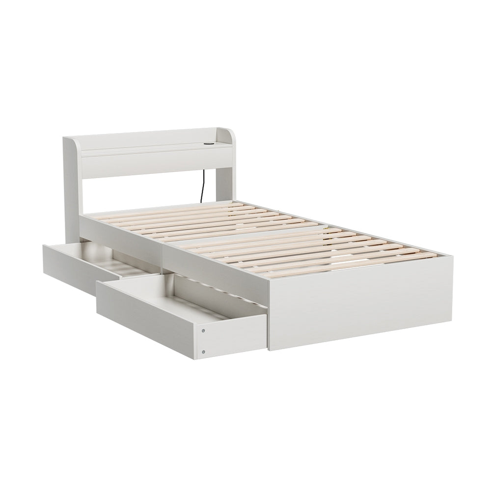 Single Size Bed Frame Base with Storage Drawers and USB Charging - White Homecoze