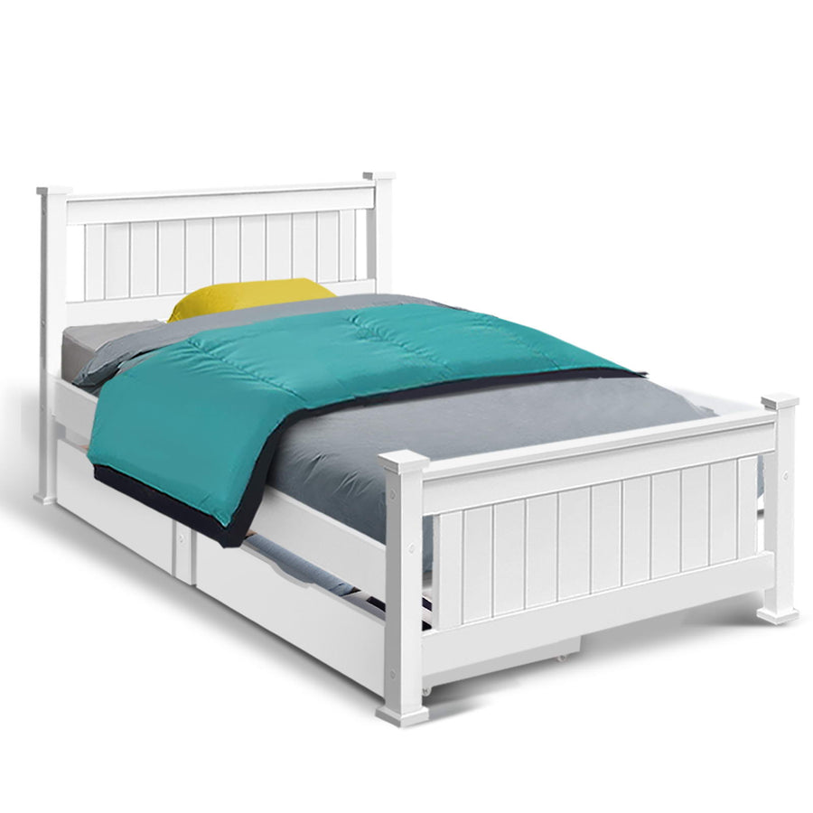 Kids White Timber Bed Frame with Storage Drawers Homecoze