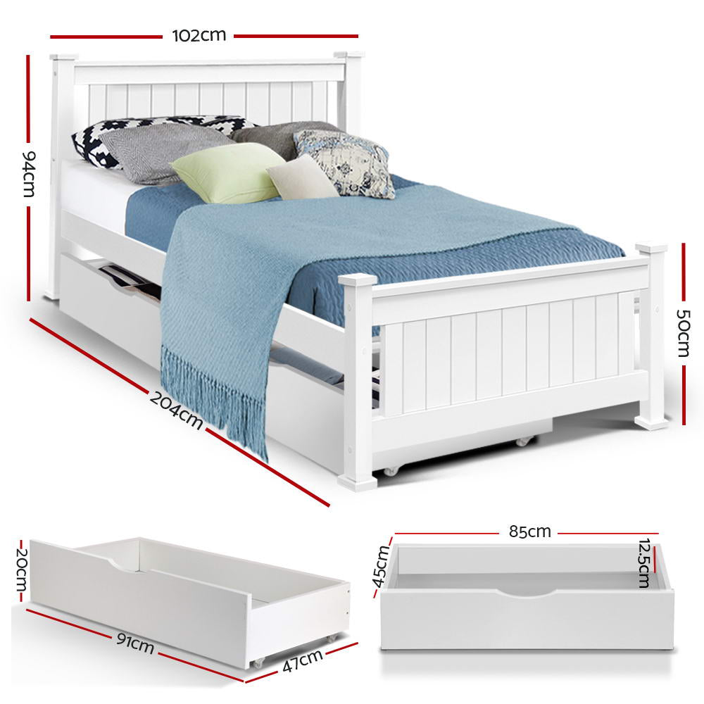 Flint (Single) Timber Bed Frame with Drawers - White - Homecoze