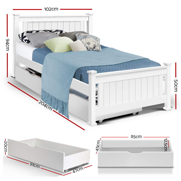 Kids White Timber Bed Frame with Storage Drawers Homecoze