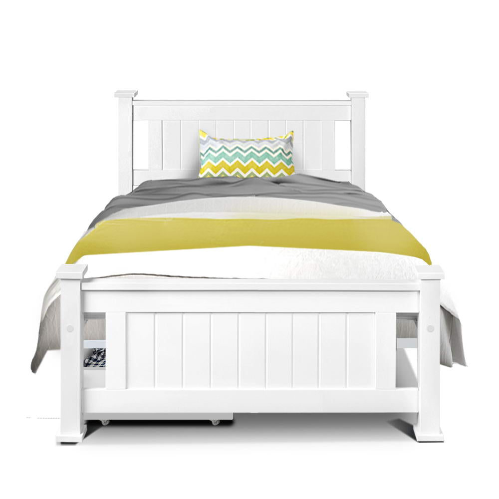Flint (Single) Timber Bed Frame with Drawers - White - Homecoze