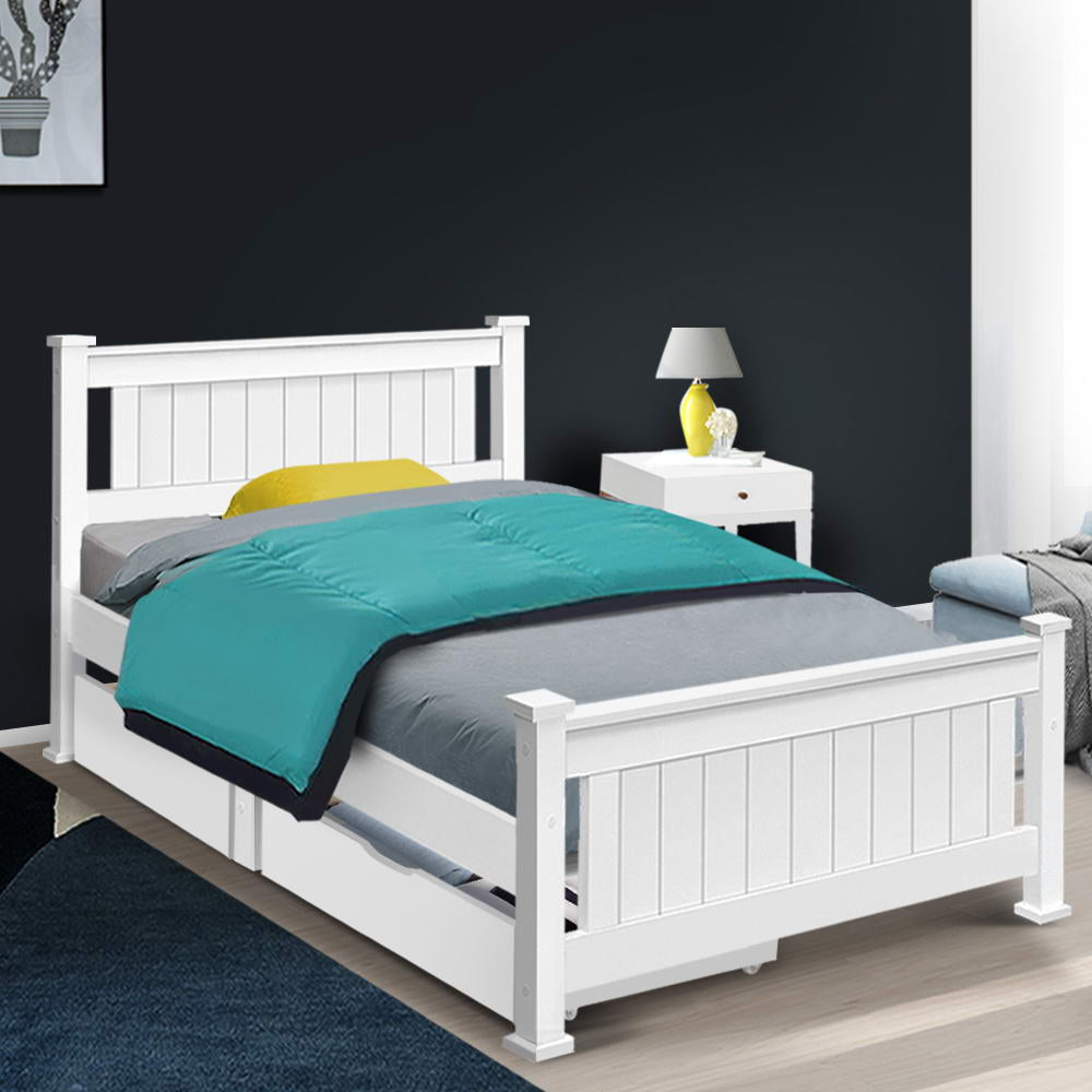 Kids White Timber Bed Frame with Storage Drawers Homecoze