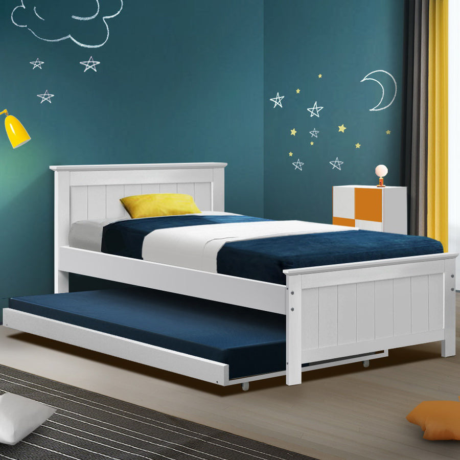 Kids White Timber Bed Frame with Trundle Homecoze