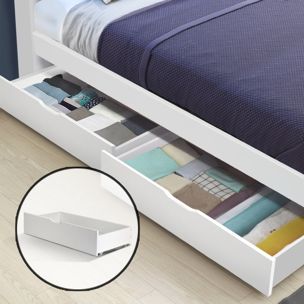 2 x Storage Drawers Trundle for Classic Wooden Bed Frame - White Homecoze