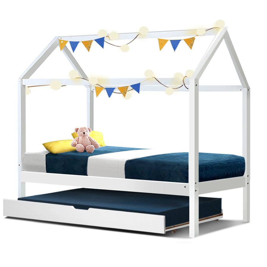 Kids Timber House Single Bed Frame Montessori Bed with Trundle - White Homecoze