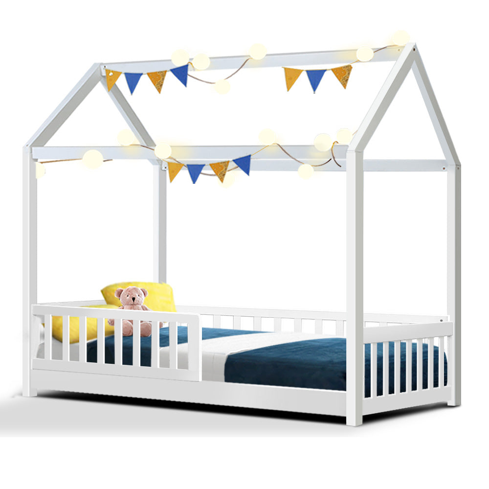 Kids Timber House Single Bed Frame Montessori Bed with Railing - White Homecoze