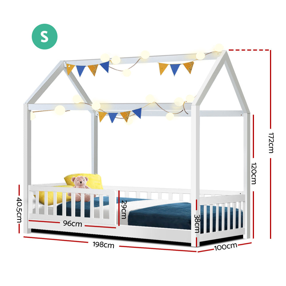 Kids Timber House Single Bed Frame Montessori Bed with Railing - White Homecoze