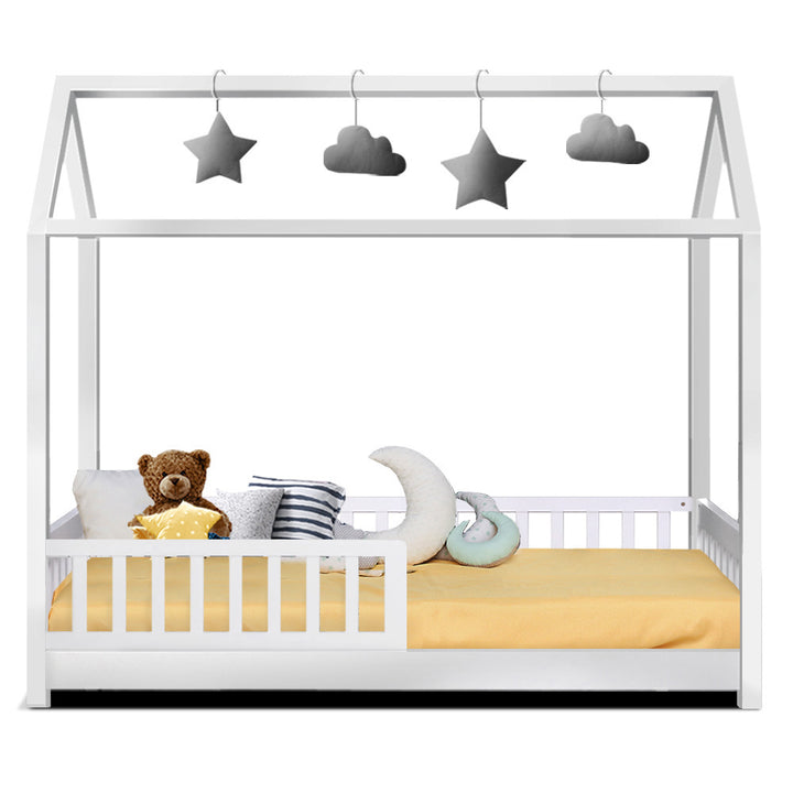 Kids Timber House Single Bed Frame Montessori Bed with Railing - White Homecoze