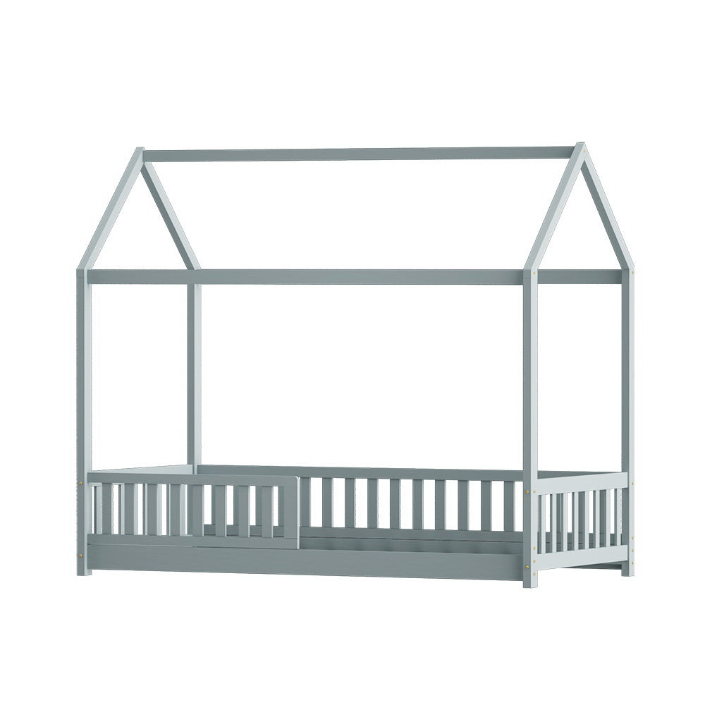 Kids Timber House Single Bed Frame Montessori Bed with Railing - Grey Homecoze