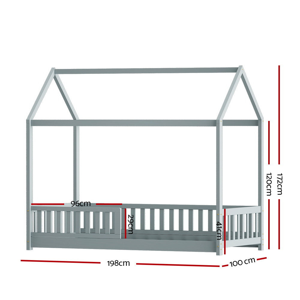 Kids Timber House Single Bed Frame Montessori Bed with Railing - Grey Homecoze