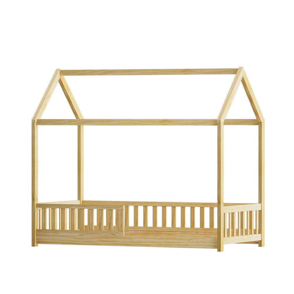 Kids Timber House Single Bed Frame Montessori Bed with Railing - Oak Homecoze