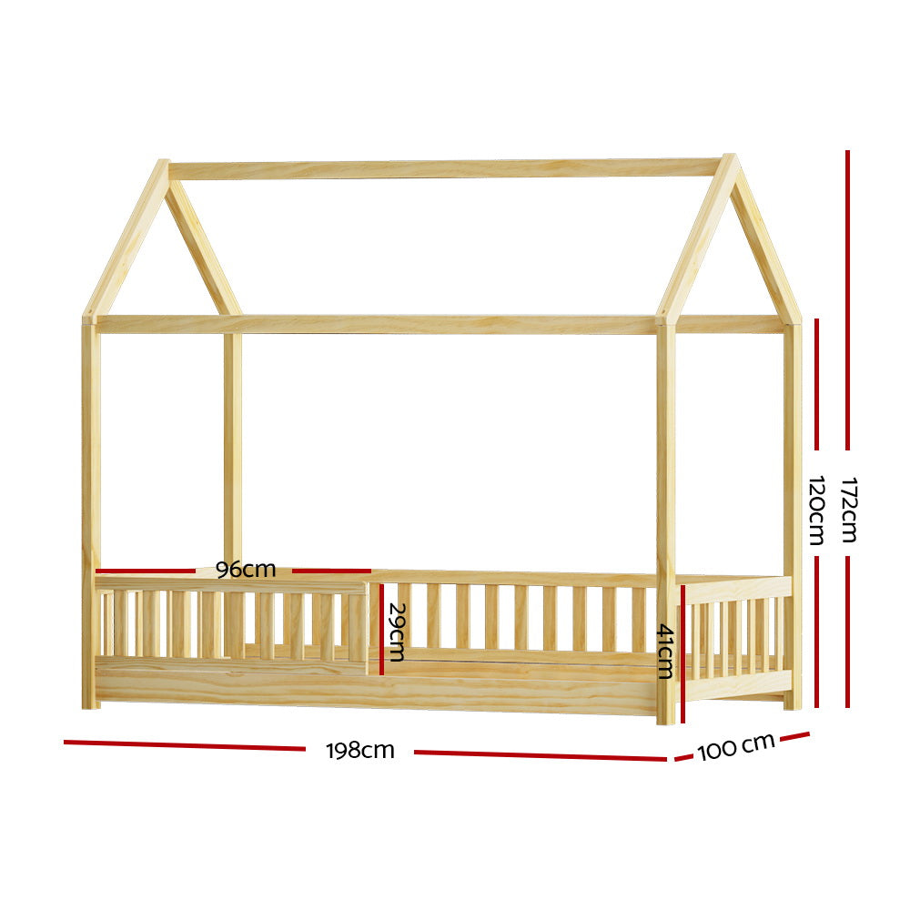 Kids Timber House Single Bed Frame Montessori Bed with Railing - Oak Homecoze