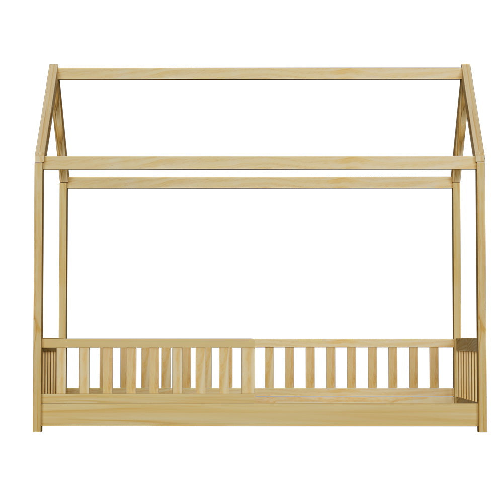 Kids Timber House Single Bed Frame Montessori Bed with Railing - Oak Homecoze