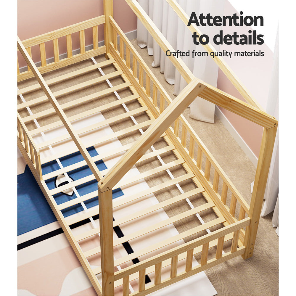 Kids Timber House Single Bed Frame Montessori Bed with Railing - Oak Homecoze