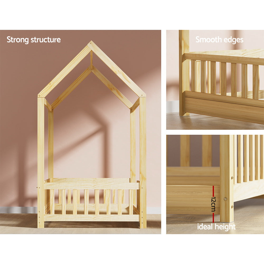 Kids Timber House Single Bed Frame Montessori Bed with Railing - Oak Homecoze