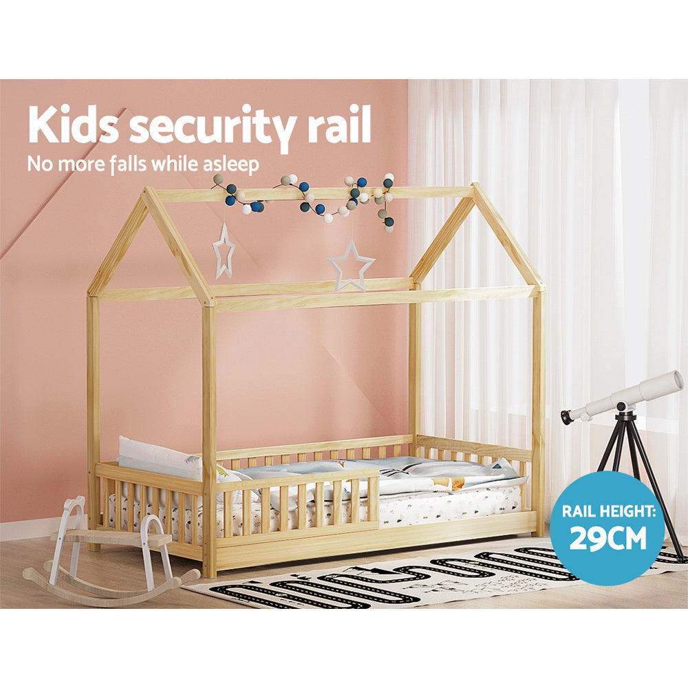 Kids Timber House Single Bed Frame Montessori Bed with Railing - Oak Homecoze