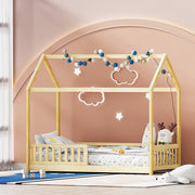 Kids Timber House Single Bed Frame Montessori Bed with Railing - Oak Homecoze