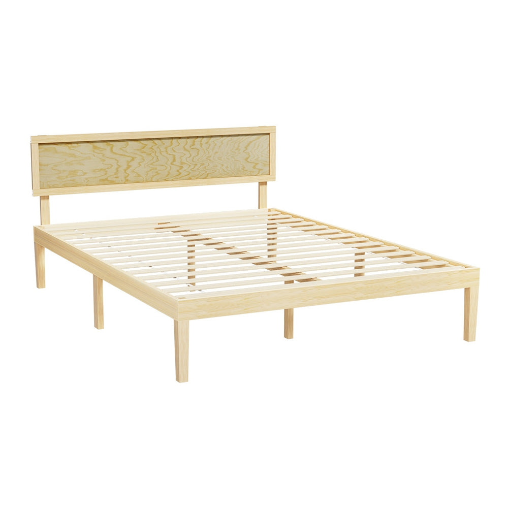 Double Bed Frame with Bed Head Pine Wood Mattress Base with Slats Homecoze