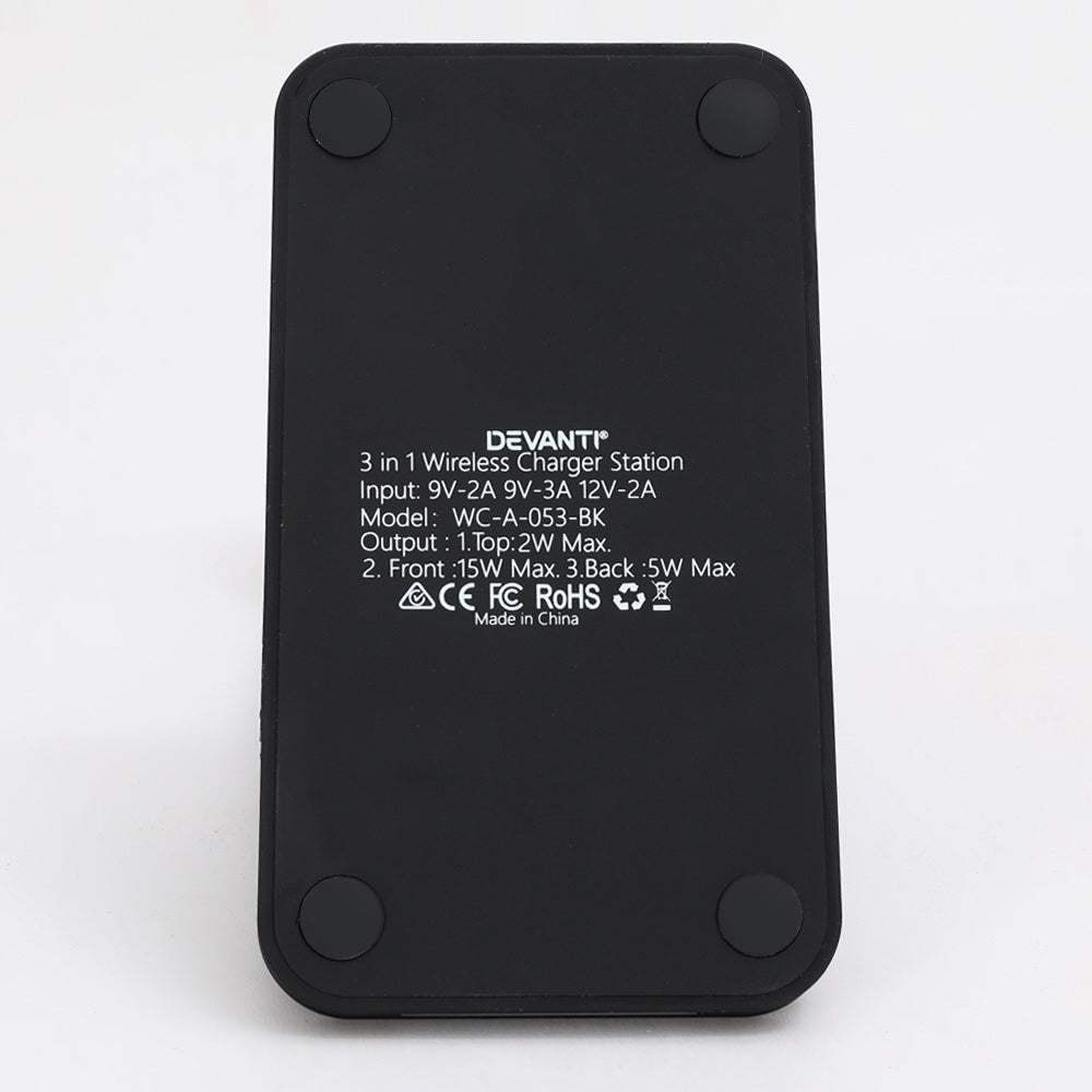 3-in-1 Wireless Charger Stand 15W Fast Charge for iPhone, Apple Watch, Airpods - Black Homecoze