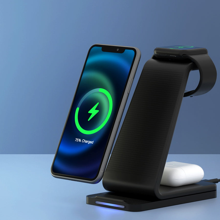 3-in-1 Wireless Charger Stand 15W Fast Charge for iPhone, Apple Watch, Airpods - Black Homecoze