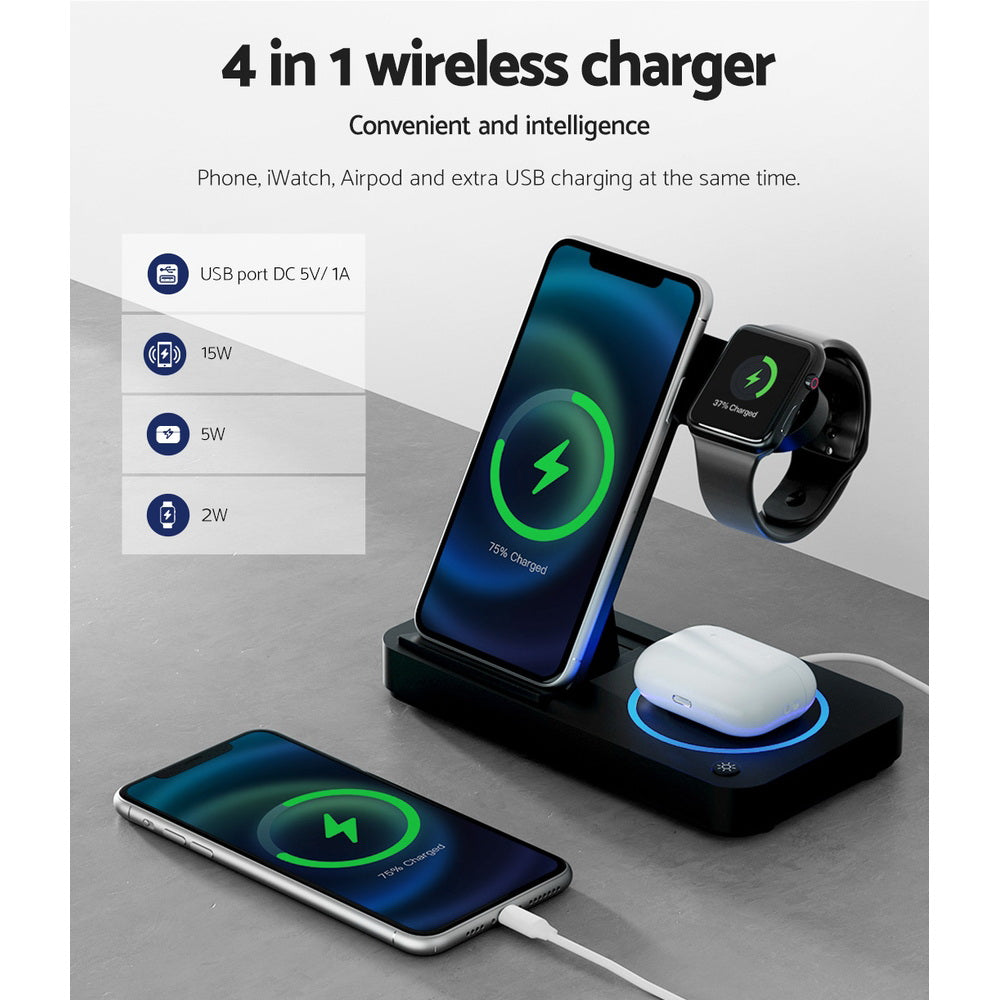 4-in-1 Wireless Charger Dock Fast Charging for iPhone, Apple Watch, Airpods - Black Homecoze