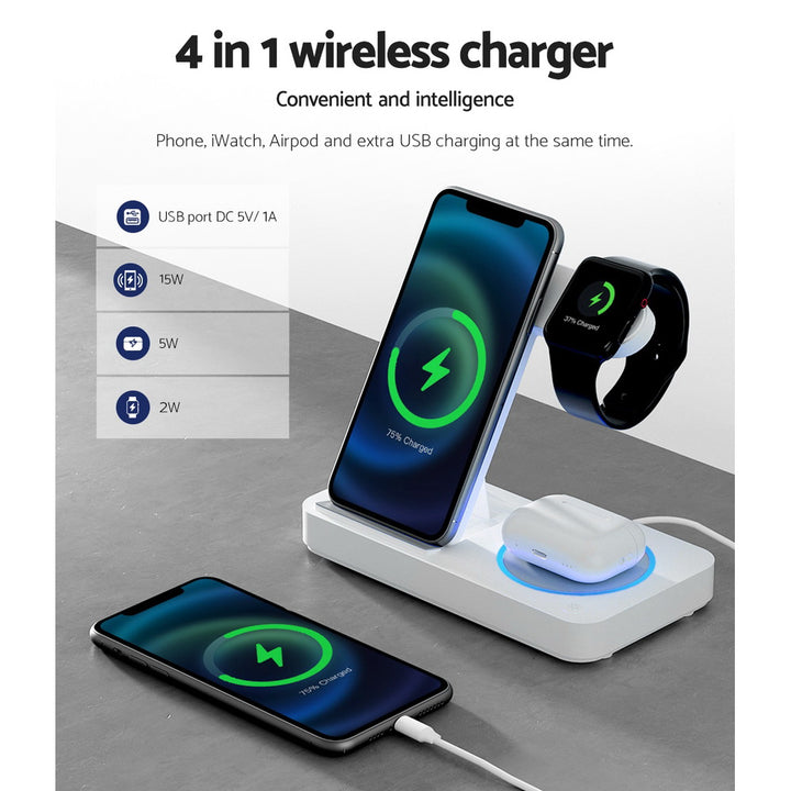 4-in-1 Wireless Charger Dock Fast Charging for iPhone, Apple Watch, Airpods - White Homecoze