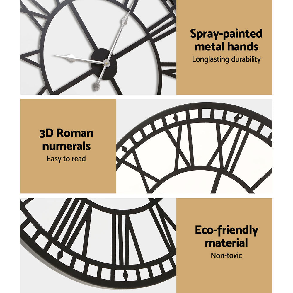 60CM Large Wall Clock Roman Numerals Round Metal Luxury Wall Clocks Home Décor Black - Homecoze