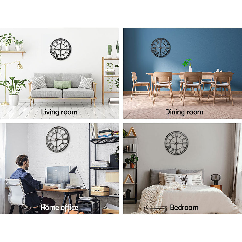 60CM Large Wall Clock Roman Numerals Round Metal Luxury Wall Clocks Home Décor Black - Homecoze
