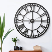 60CM Large Wall Clock Roman Numerals Round Metal Luxury Wall Clocks Home Décor Black - Homecoze