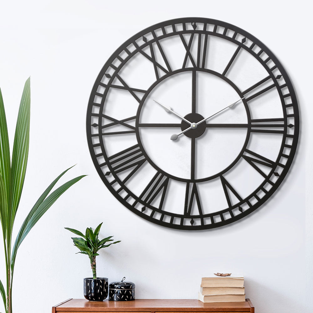 60CM Large Wall Clock Roman Numerals Round Metal Luxury Wall Clocks Home Décor Black - Homecoze