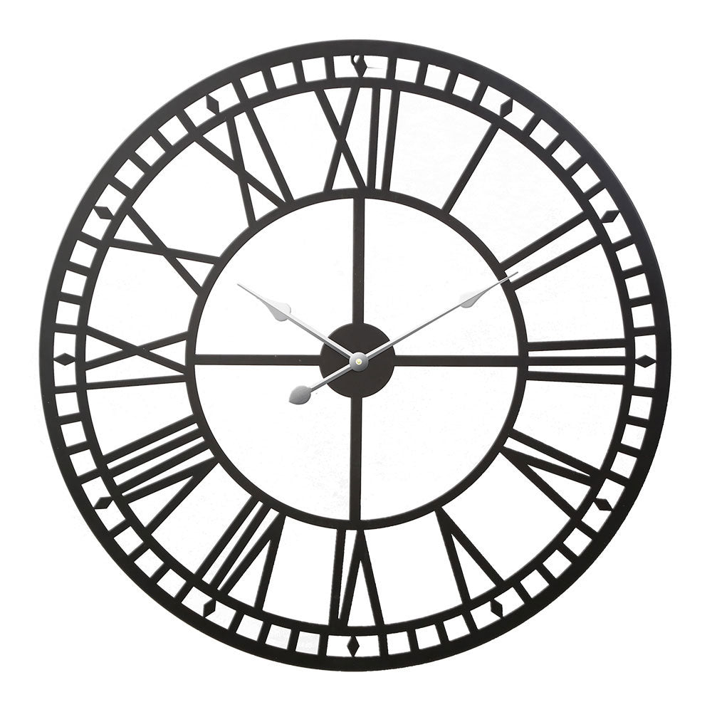 80CM Large Wall Clock Roman Numerals Round Metal Luxury Home Decor Black - Homecoze