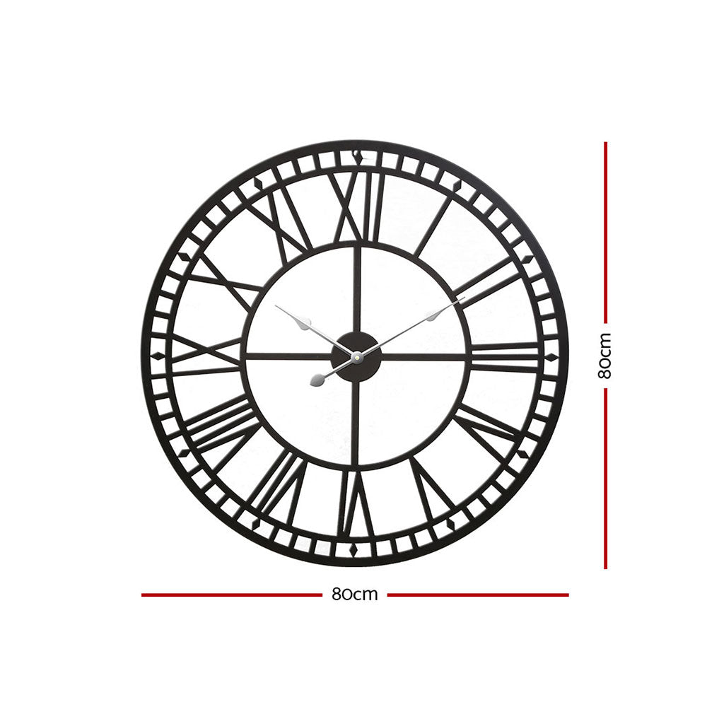 80CM Large Wall Clock Roman Numerals Round Metal Luxury Home Decor Black - Homecoze