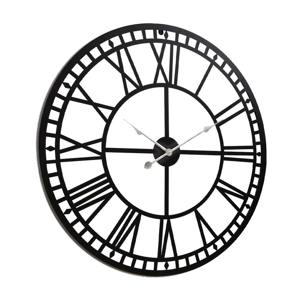 80CM Large Wall Clock Roman Numerals Round Metal Luxury Home Decor Black - Homecoze