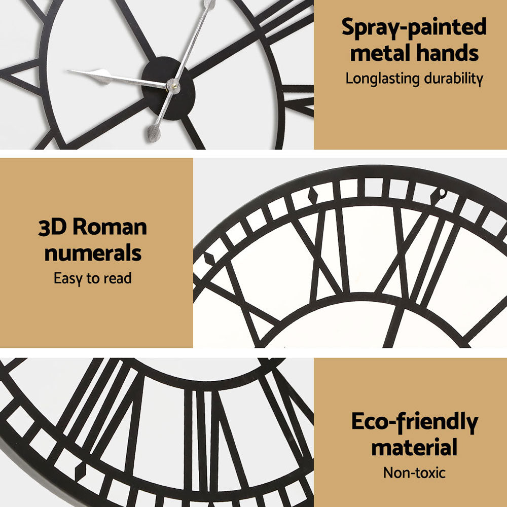 80CM Large Wall Clock Roman Numerals Round Metal Luxury Home Decor Black - Homecoze