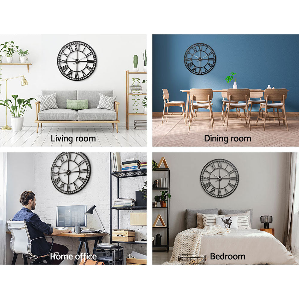 80CM Large Wall Clock Roman Numerals Round Metal Luxury Home Decor Black - Homecoze