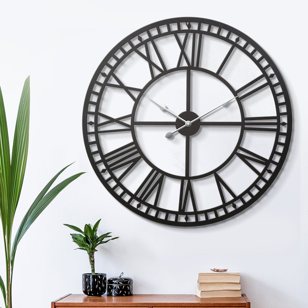 80CM Large Wall Clock Roman Numerals Round Metal Luxury Home Decor Black - Homecoze