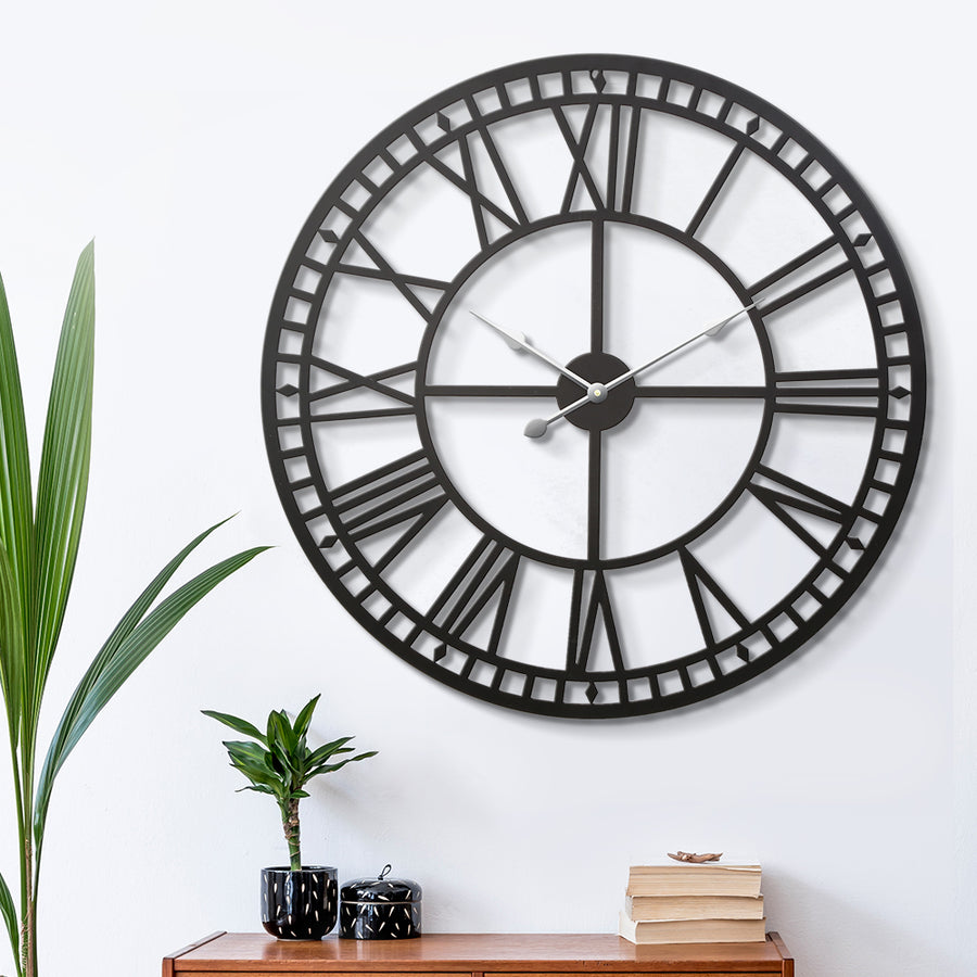 80CM Large Wall Clock Roman Numerals Round Metal Luxury Home Decor Black Homecoze