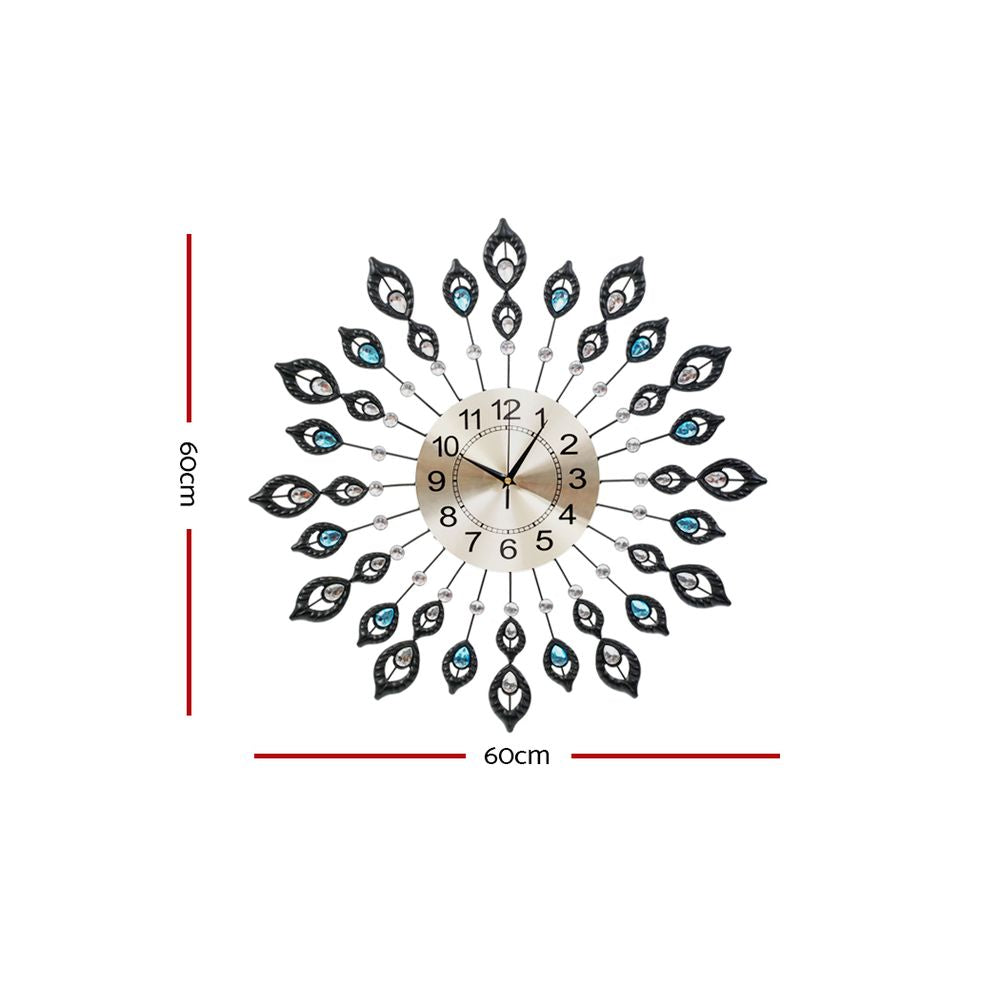 60CM Peacock Round Crystal Luxury Wall Clock Large 3D Modern - Homecoze