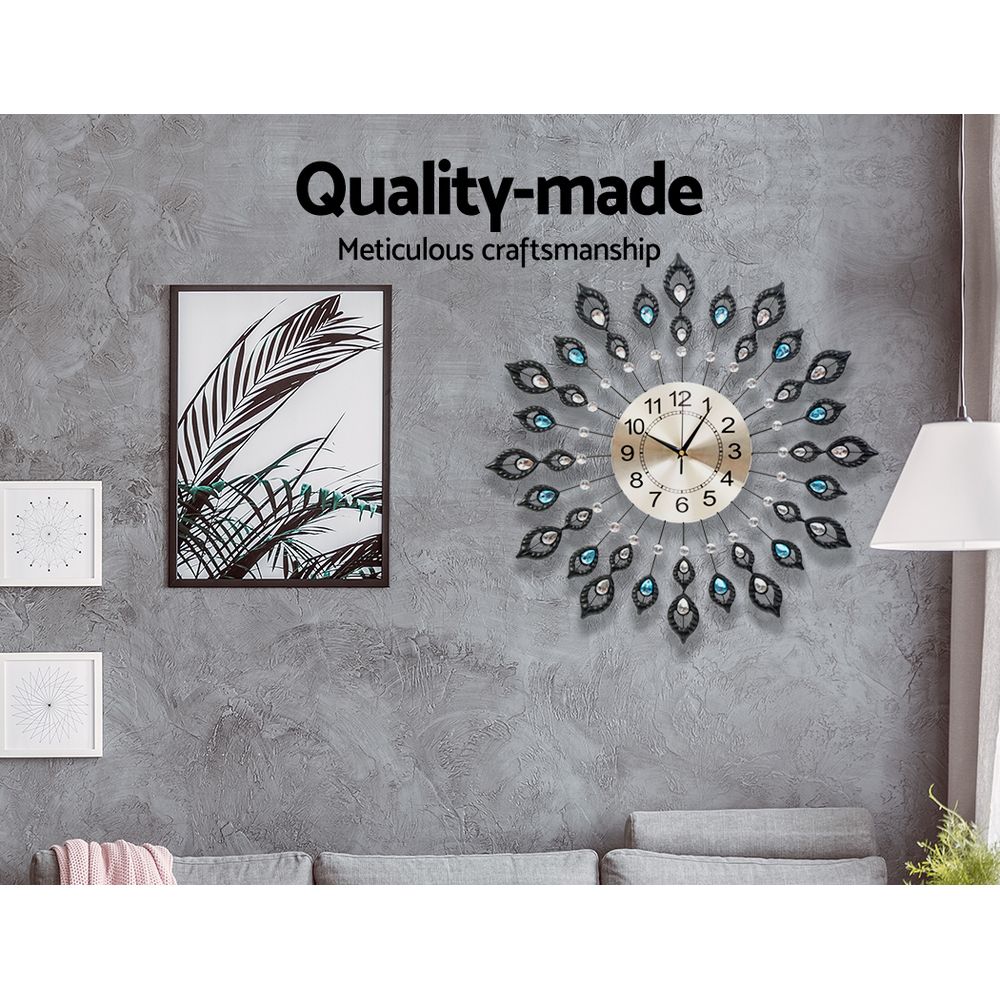 60CM Peacock Round Crystal Luxury Wall Clock Large 3D Modern - Homecoze