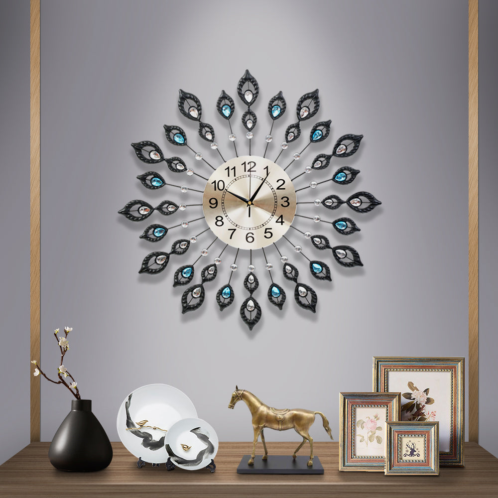 60CM Peacock Round Crystal Luxury Wall Clock Large 3D Modern Homecoze