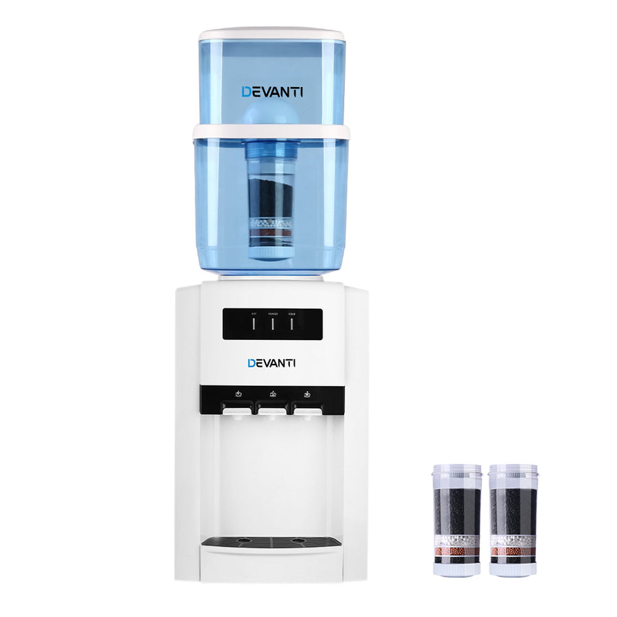 22L Bench Top Water Cooler Dispenser Three Tap Hot/Cold/Room Temp with 2 Purifier Filter Elements Homecoze