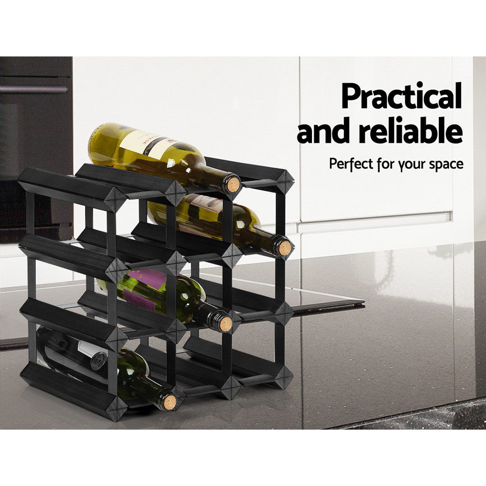 12 Bottle Wine Rack Wooden Wall Storage Cellar Organizer - Black Homecoze